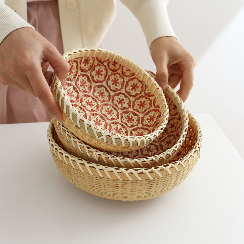 和柄入り竹編みバスケット|軽くておしゃれなラウンド収納かご(3サイズ)