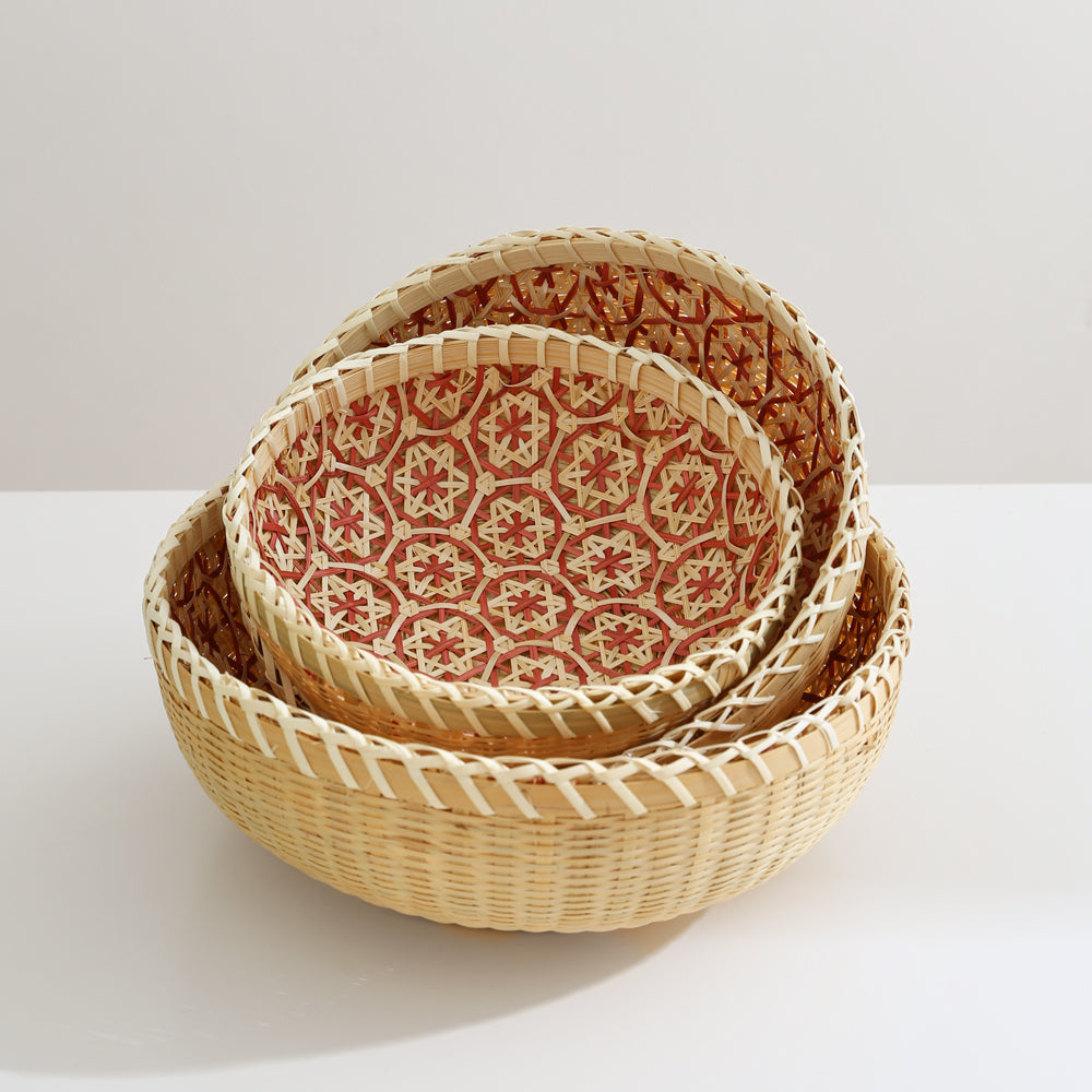 和柄入り竹編みバスケット|軽くておしゃれなラウンド収納かご(3サイズ)