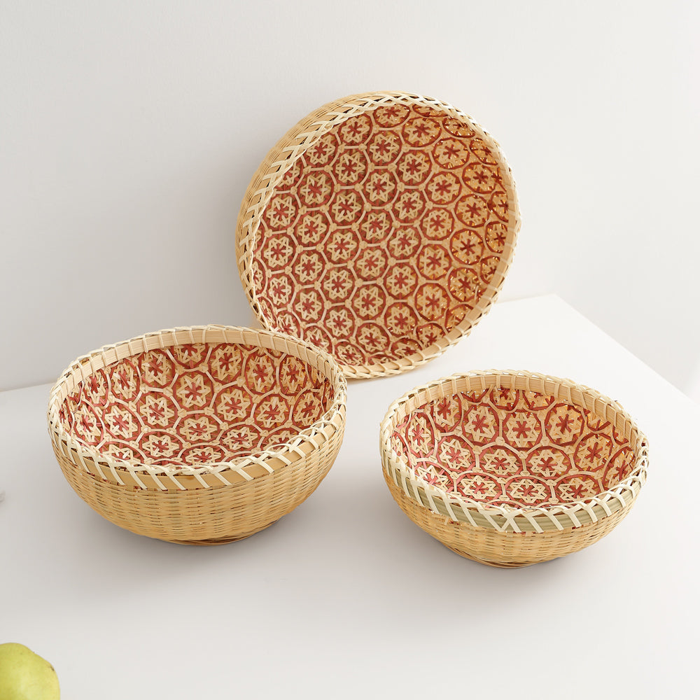 和柄入り竹編みバスケット｜軽くておしゃれなラウンド収納かご（3サイズ）