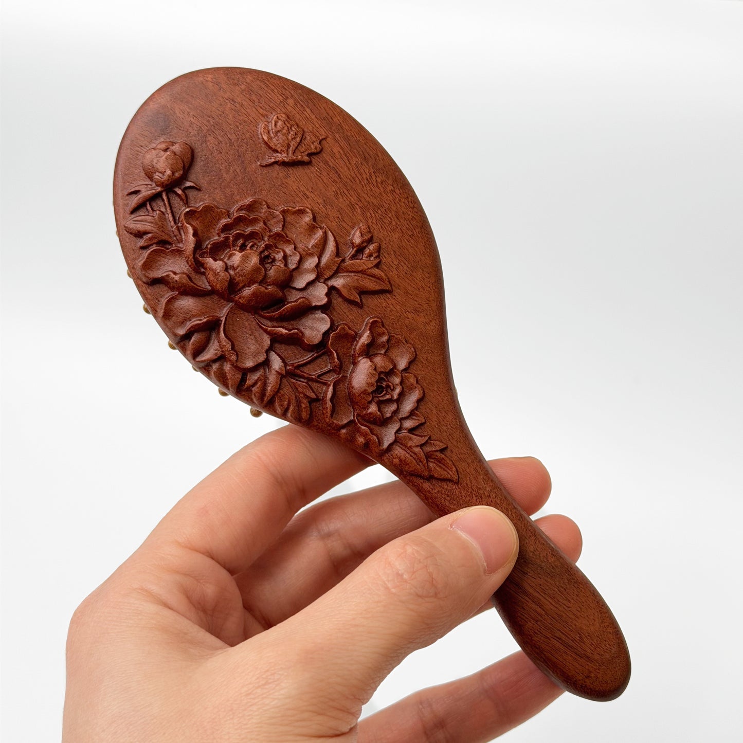 檀木 クッションヘアブラシ 花彫刻 竹ピン シリコン気クッション 木製ヘアブラシ